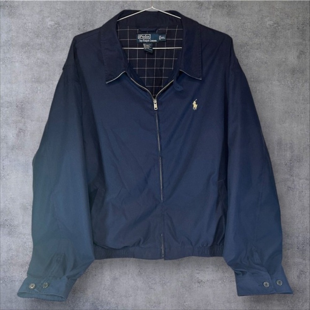 Vintage Men's Polo By Ralph Lauren Navy Blue Chino Full-Zip Jacket Tan Horse XXL